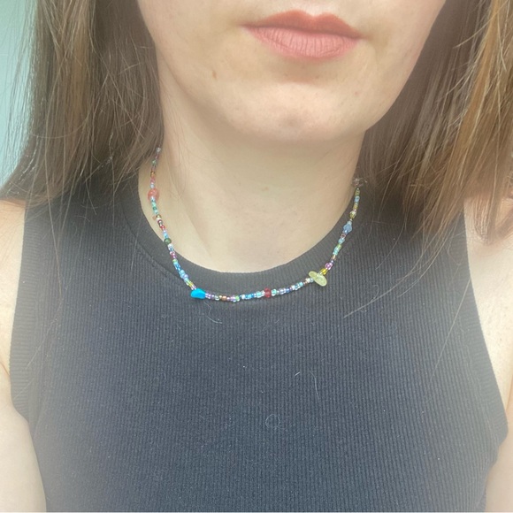 Bam! Multicolour Seed Bead Beaded Necklace Glass Stone Crystal Chips Minimalist - Picture 4 of 6